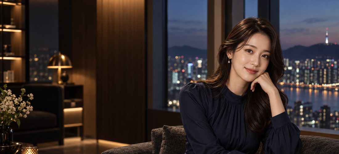 어두운 라운지 소파에 앉은 여성