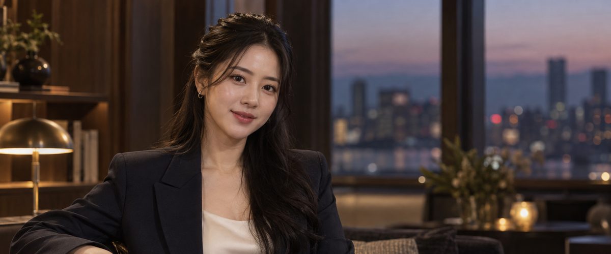 해질녘 라운지 소파에 앉은 가상의 성인 여성