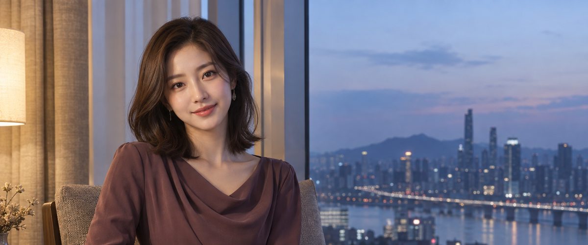도시 야경이 보이는 라운지 좌석에 앉은 여성